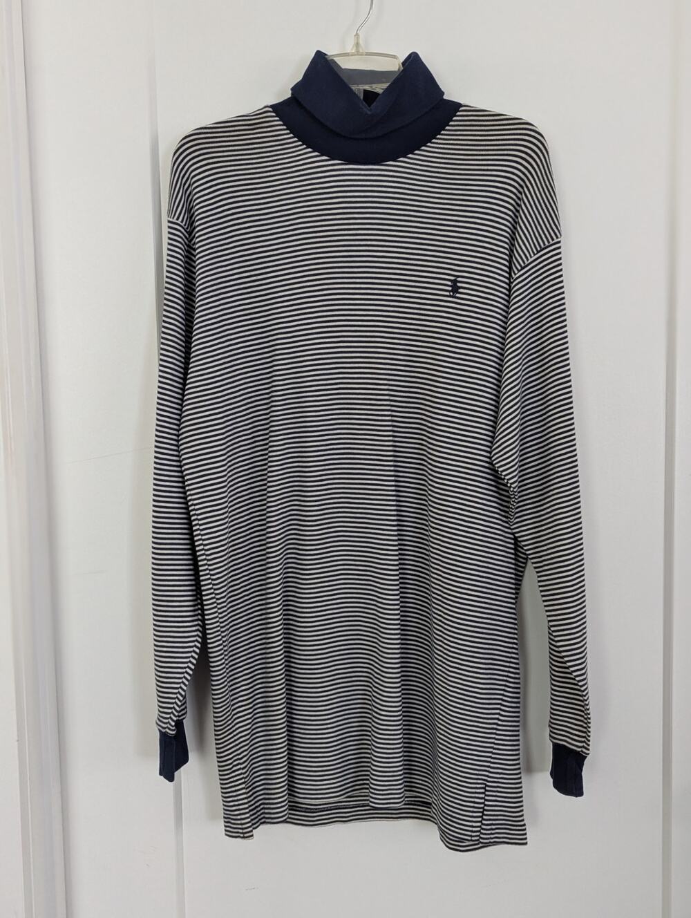 VTG Polo Golf Ralph Lauren Turtleneck Shirt Mens L Navy Blue White Stripe Pony